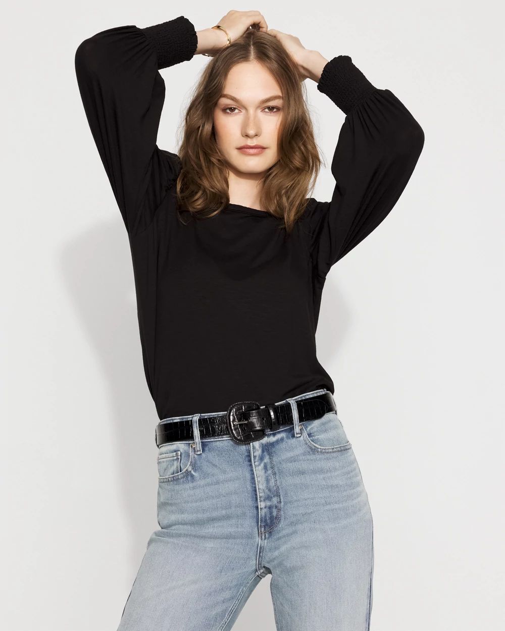 Crushed Smocked Sleeve White V-Neck main image 1